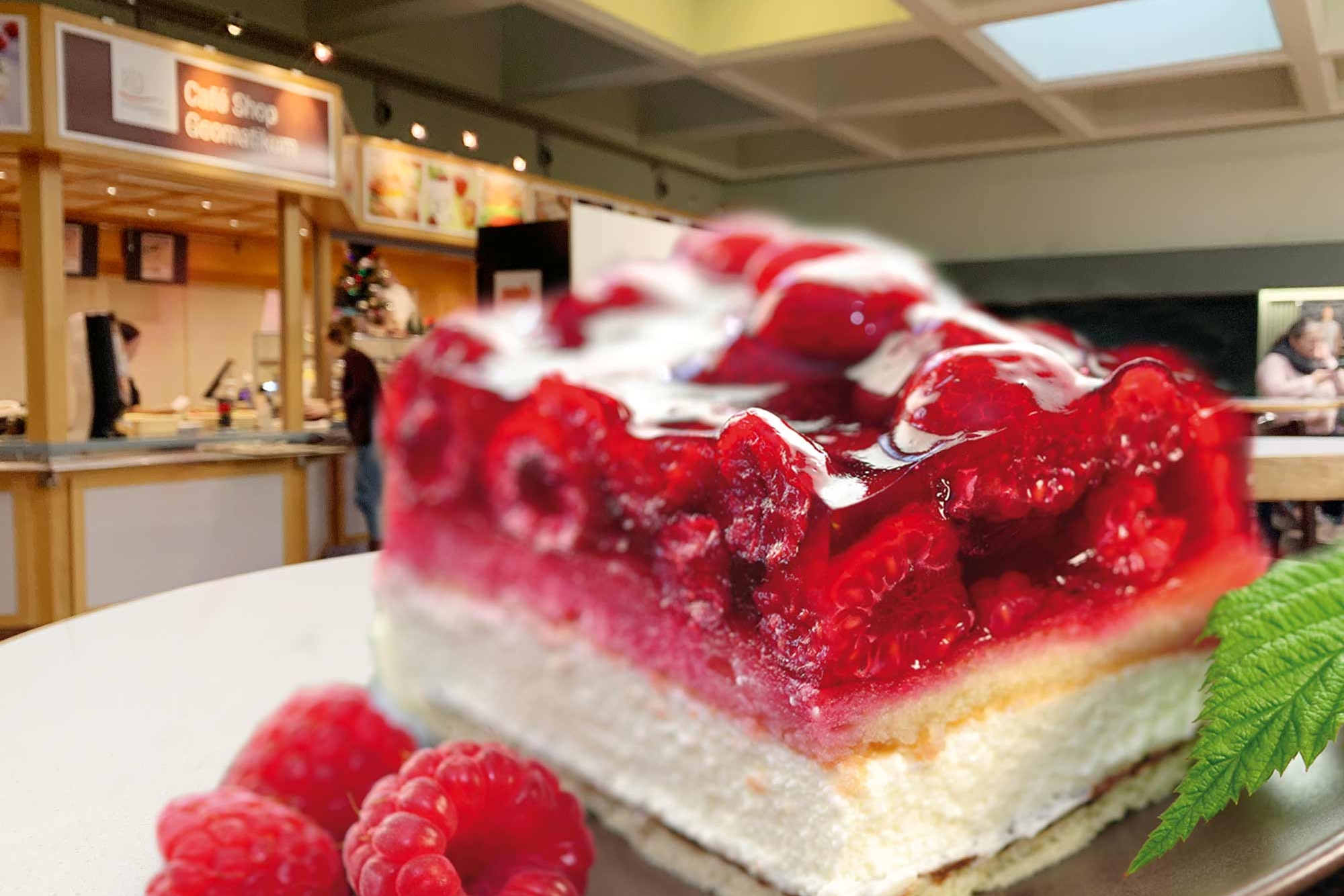 Ein Stück Himbeerkuchen auf einem Teller im Café Geomatikum
